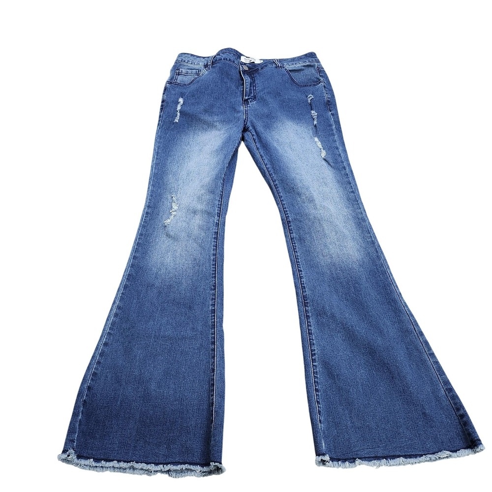 Crazy Train Jeans Juniors 9/29 Blue Wash High Rise Flare Distressed Fringe Denim